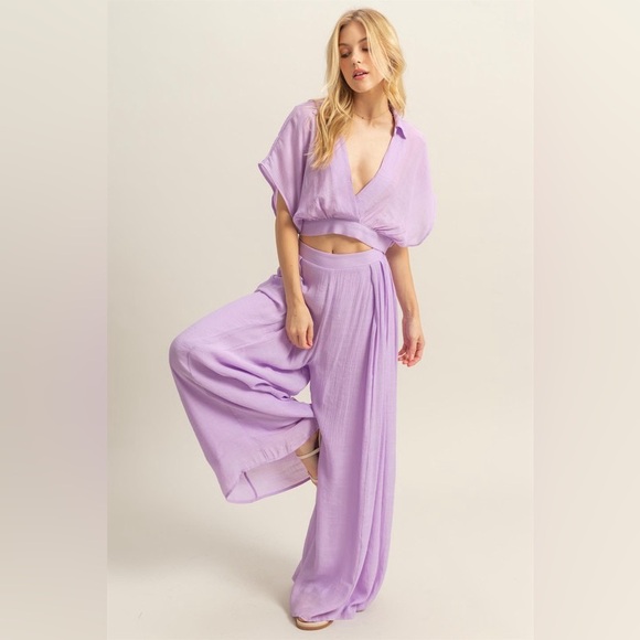 Lavender Kimono Sleeve Crop Top and Wide Leg Pants Set